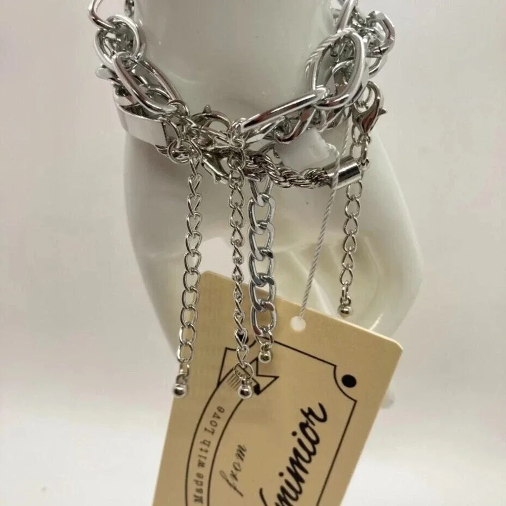 Xmimior Silver Tone Multi-Layer Bracelet Set Fashion Chain‎ & Bangle Cuff NEW